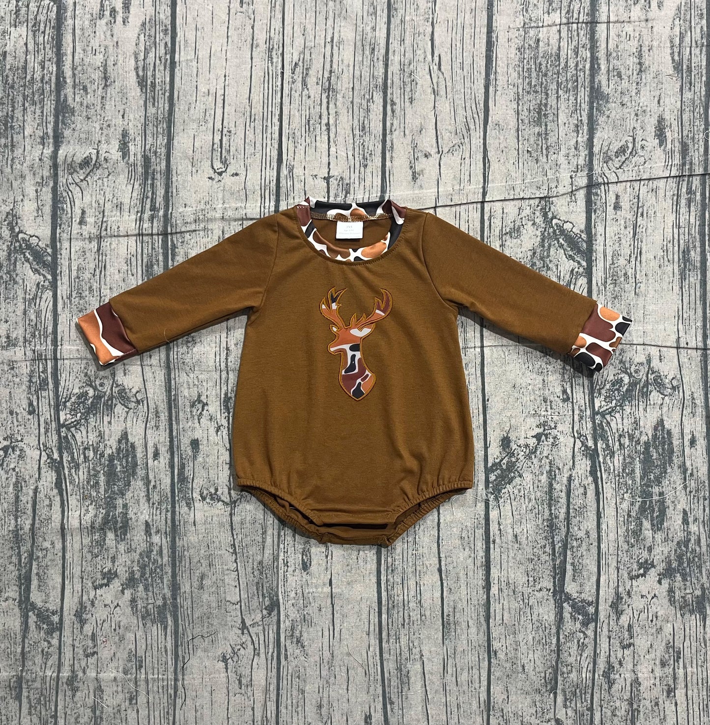 1.8 LR2260 Sample No Moq Embroidery Camo Deer Baby Boys Brown Hunting Rompers
