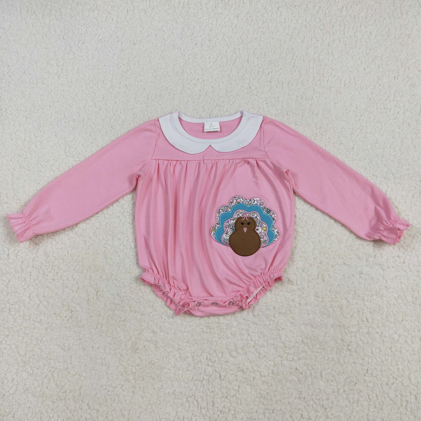 RTS NO MOQ (In stock)LR2262 Baby Girls Winter Rompers Embroidery Baby Girls Pink Long Sleeves Turkey Ruffle Rompers