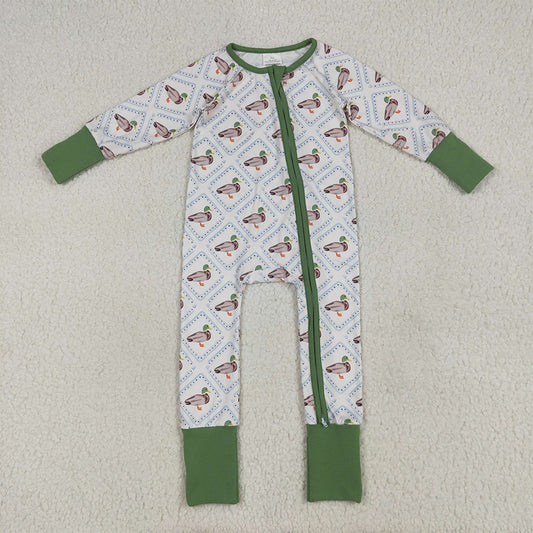USA Shop (in stock)LR2269 Baby Girls Winter Rompers Baby Girls Long Sleeves Green Ducks Plaid Zipper Rompers