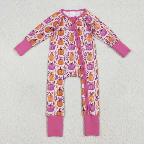 9.22 RTS Sibling Baby Kids Hot Pink Pumpkins Floral Pajamas Sets Zipper Footie Rompers Blankets