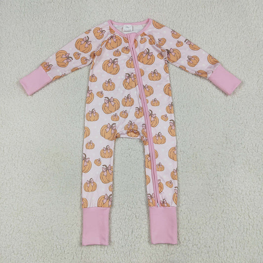 USA Shop (in stock)LR2271 Baby Girls Winter Rompers Baby Girls Long Sleeves Pink Bows Pumpkins Footie Zipper Rompers