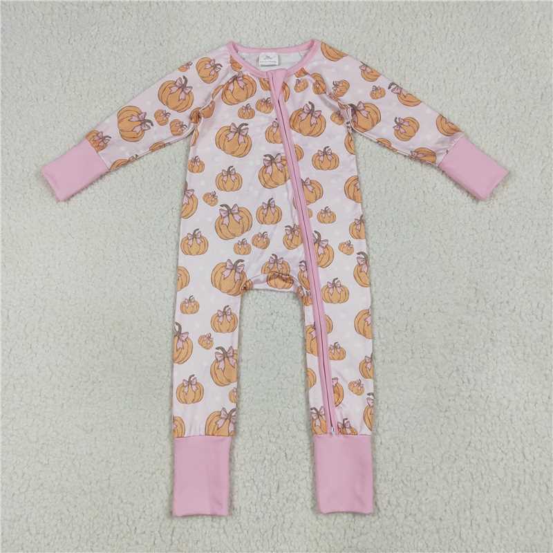 USA Warehouse (IN STOCK) LR2271 Pumpkin Pink Bow Baby Girl Long Sleeve Zipper Romper