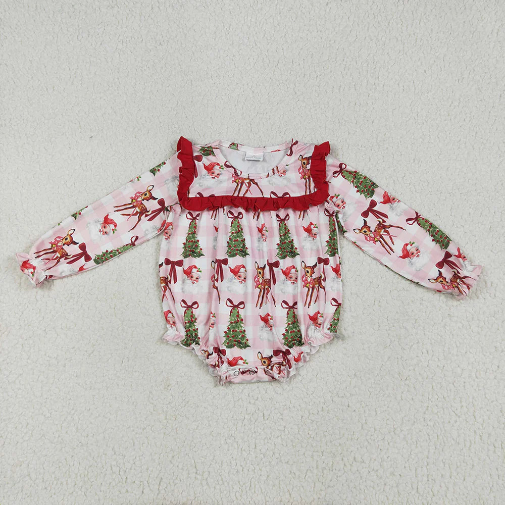 10.2 RTS Sibling Baby Girls Red Long Sleeves Santa Trees Rompers Dresses Outfits
