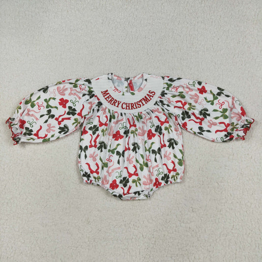USA Shop (in stock)LR2276 Baby Girls Winter Rompers Baby Girls Smocked Embroidery Merry Christmas Colorful Bows Rompers