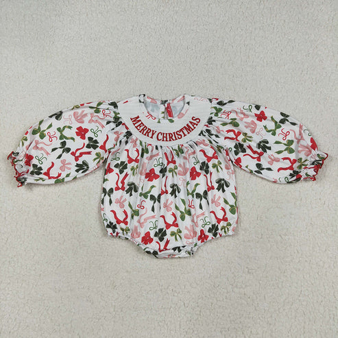 10.23 RTS Sibling Baby Girls Green Red Bows Zipper Footie Christmas Romper Knee Length Dresses