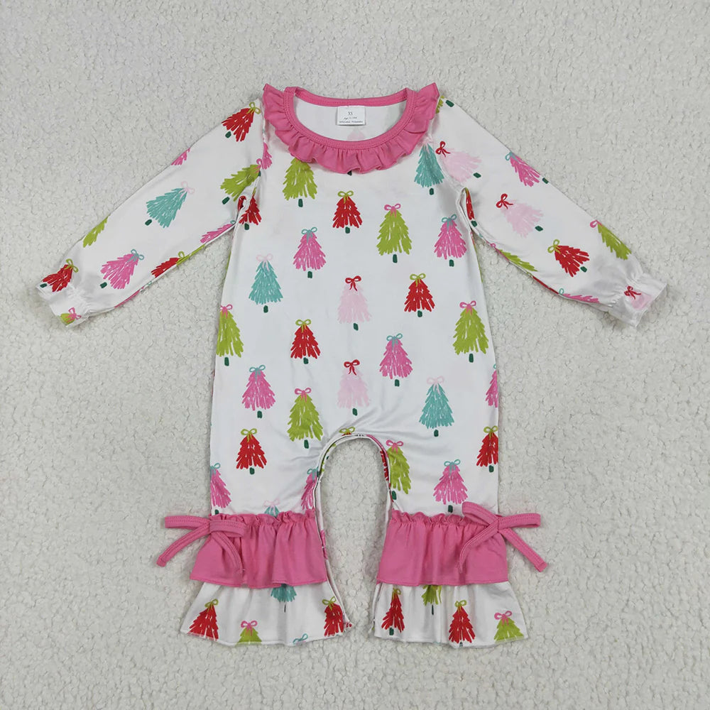 10.2 RTS Sibling Baby Girls Christmas Bows Trees Rompers Outfits Sets