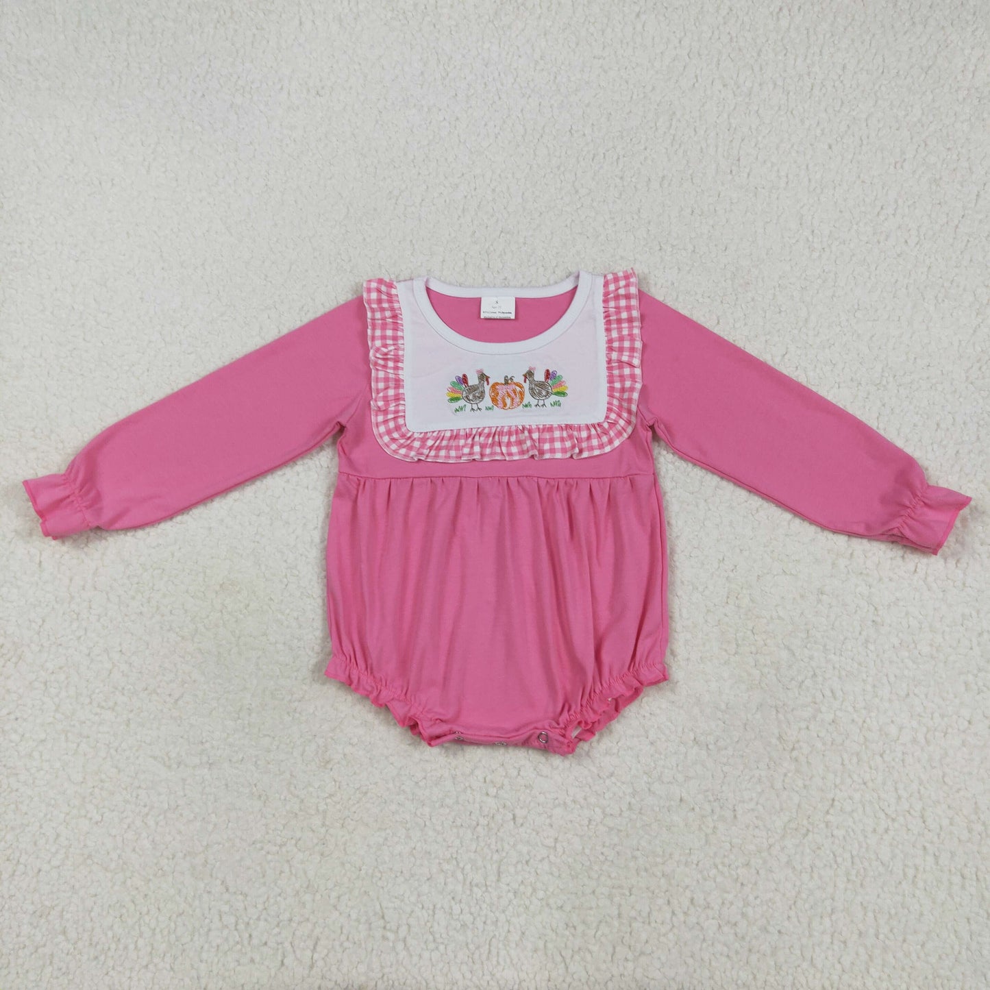 RTS NO MOQ (In stock)LR2287 Baby Girls Winter Rompers Baby Girls Pink Thanksgiving Turkey Pumpkins Ruffle Rompers