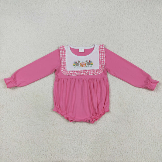 RTS NO MOQ (In stock)LR2287 Baby Girls Winter Rompers Baby Girls Pink Thanksgiving Turkey Pumpkins Ruffle Rompers