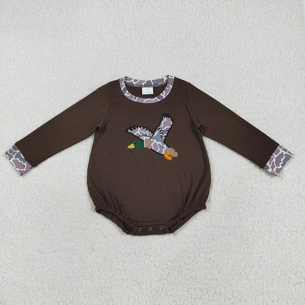 10.1 RTS Sibling Embroidery Baby Boys Brown Duck Top Camo Rompers Outfits Sets