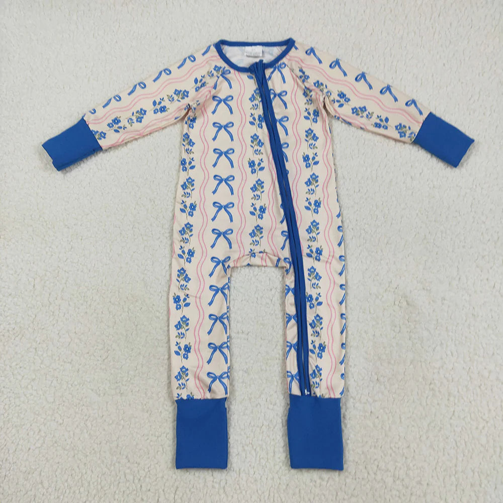 10.2 RTS Sibling Baby Girls Blue Bows Flower Stripe Rompers Pajamas Sets