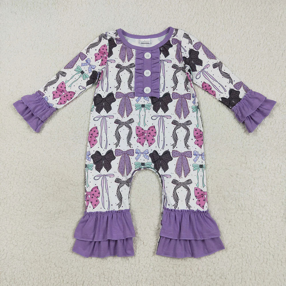 10.1 RTS Sibling Baby Girls Purple Bows Pajamas Rompers Outfits Sets