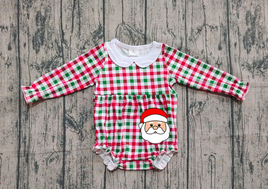 9.20 LR2357 Sample No Moq Fast Coming Embroidery Baby Girls Long Ruffle Sleeves Red Green Plaid Santa Rompers