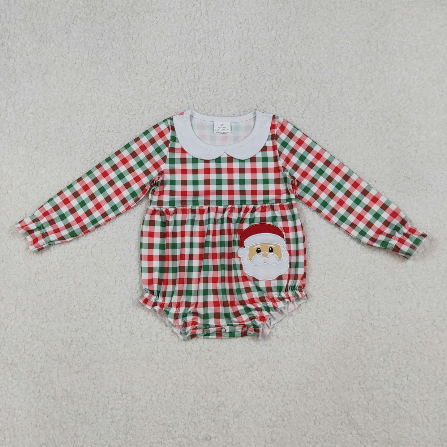 10.11 RTS NO MOQ (In stock)LR2357 Baby Girls Winter Rompers Embroidery Santa Baby Girls Red Green Checked Ruffle Collar Rompers