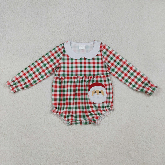 10.11 RTS NO MOQ (In stock)LR2357 Baby Girls Winter Rompers Embroidery Santa Baby Girls Red Green Checked Ruffle Collar Rompers