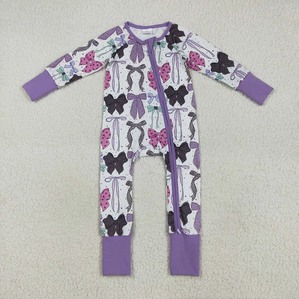 10.1 RTS Sibling Baby Girls Purple Bows Pajamas Rompers Outfits Sets