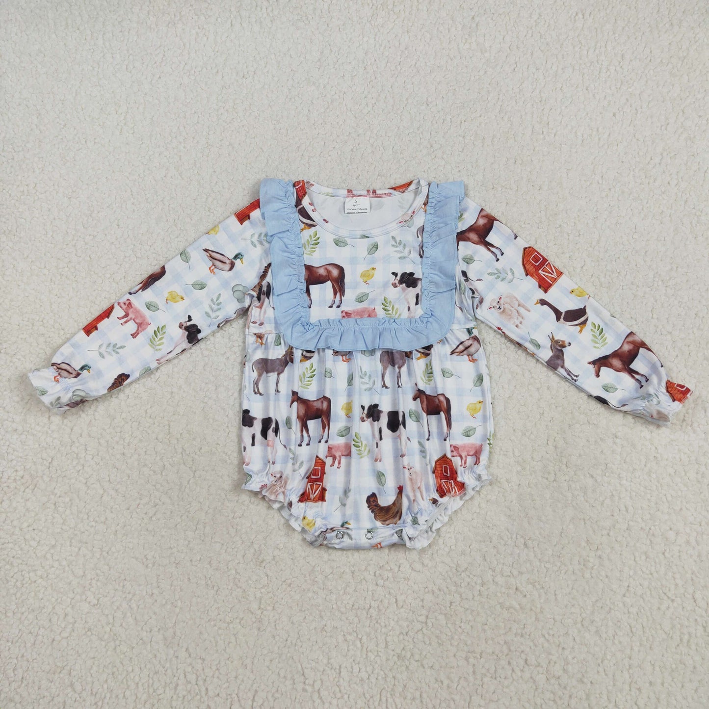 RTS NO MOQ (In stock)LR2362 Baby Girls Winter Rompers Baby Girls Long Ruffle Sleeves Farm Houses Chicks Rompers
