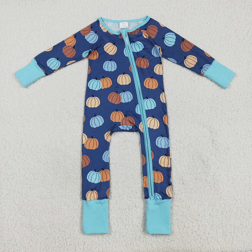 10.2 RTS Sibling Baby Boys Blue Pumpkins Fall Outfits Pajamas Rompers Sets