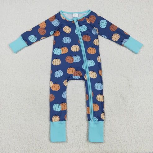 9.27 RTS Sibling Baby Girls Colorful Ghost Pumpkins Fall Halloween Zipper Footie Rompers