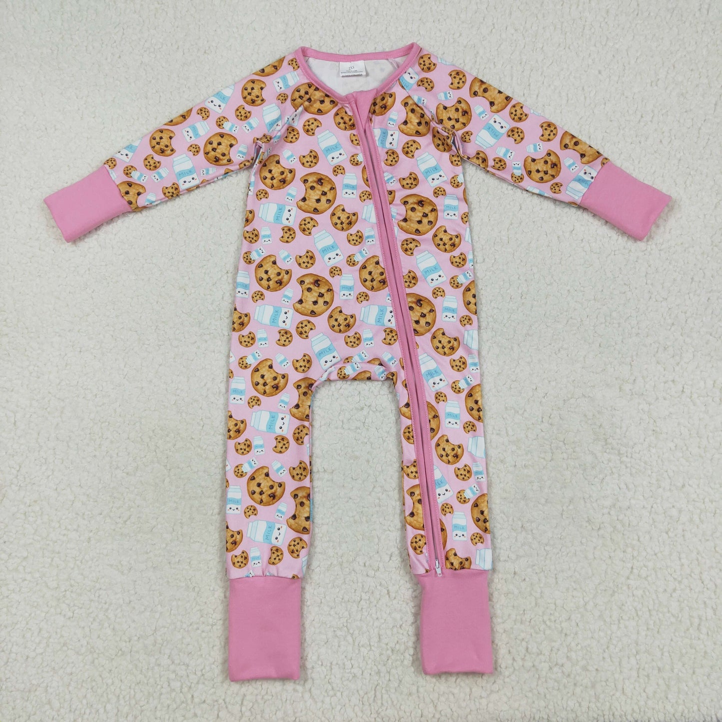 RTS NO MOQ (In stock)LR2398 Baby Girls Winter Rompers Baby Girls Pink Christmas Milk Cookies Zipper Footie Rompers