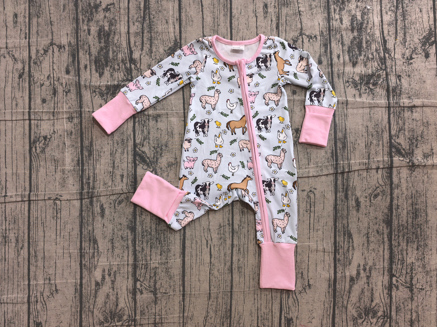6.10 LR2401 Sample No Moq Baby Girls Farm Horse Chick Long Sleeve Zipper Rompers