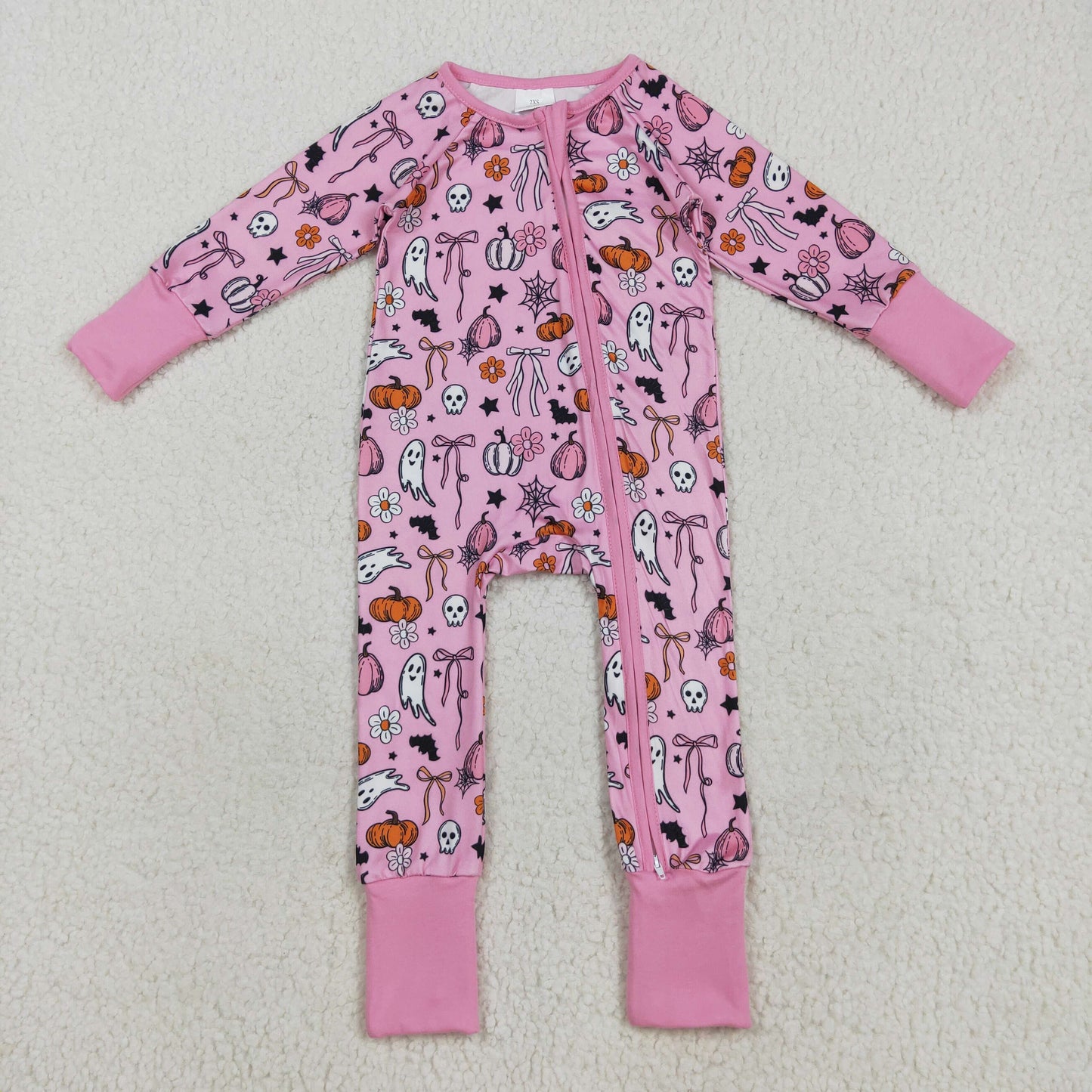 8.23 RTS NO MOQ (In stock)LR2405Baby Girls Winter Rompers Baby Girls Pink Ghost Pumpkins Halloween Zipper Footie Rompers