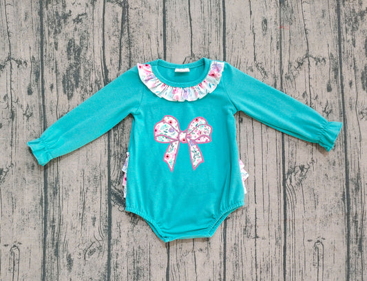 9.29 LR2432 Sample No Moq Embroidery Floral Bows Baby Girls Aqua Bobby Ruffle Bubbly Rompers