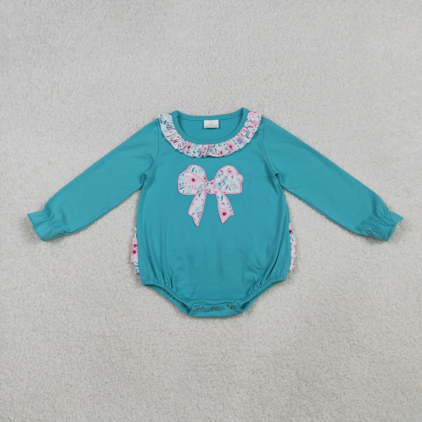 10.20 RTS NO MOQ (In stock)LR2432 Baby Girls Winter Rompers Embroidery Floral Bows Baby Girls Ruffle Collar Bubbly Rompers