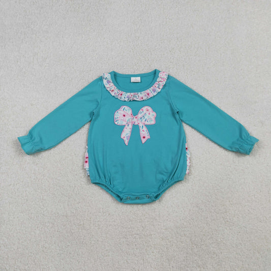 10.20 RTS NO MOQ (In stock)LR2432 Baby Girls Winter Rompers Embroidery Floral Bows Baby Girls Ruffle Collar Bubbly Rompers