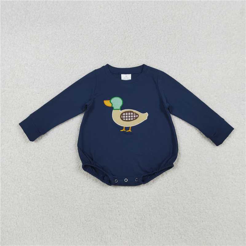 11.25 RTS NO MOQ (In stock)LR2436 Baby Boys Winter Rompers Embroidery Baby Boys Navy Fall Mallard Ducks Rompers