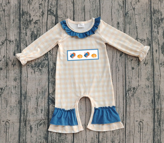 9.24 LR2438 Sample No Moq Embroidery Baby Girls Turkey Pumpkins Ruffle Pant Rompers