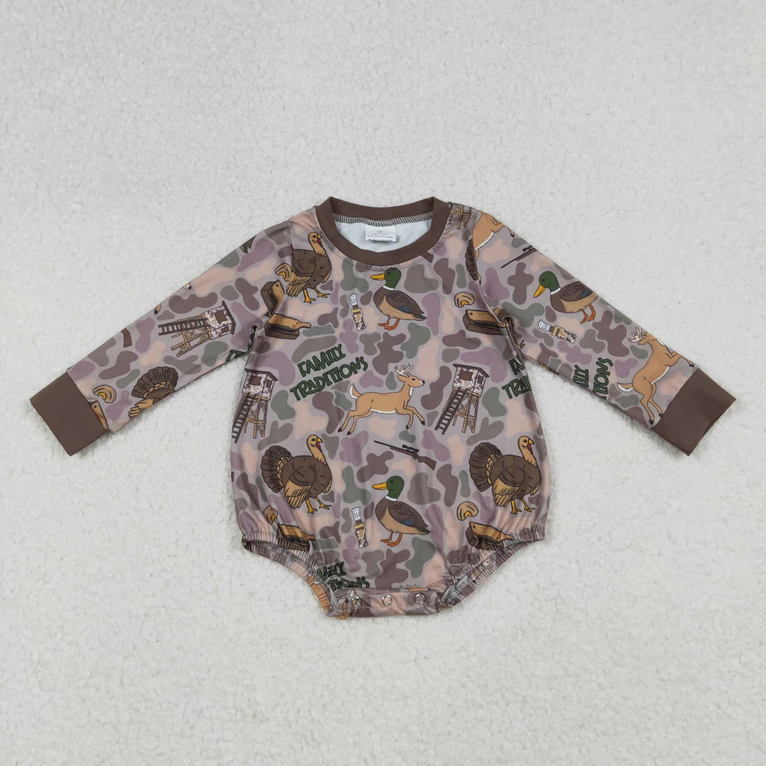 10.23 RTS Sibling Baby Boys Brown Camo Turkey Pumpkins Thanksgiving Hunting Rompers