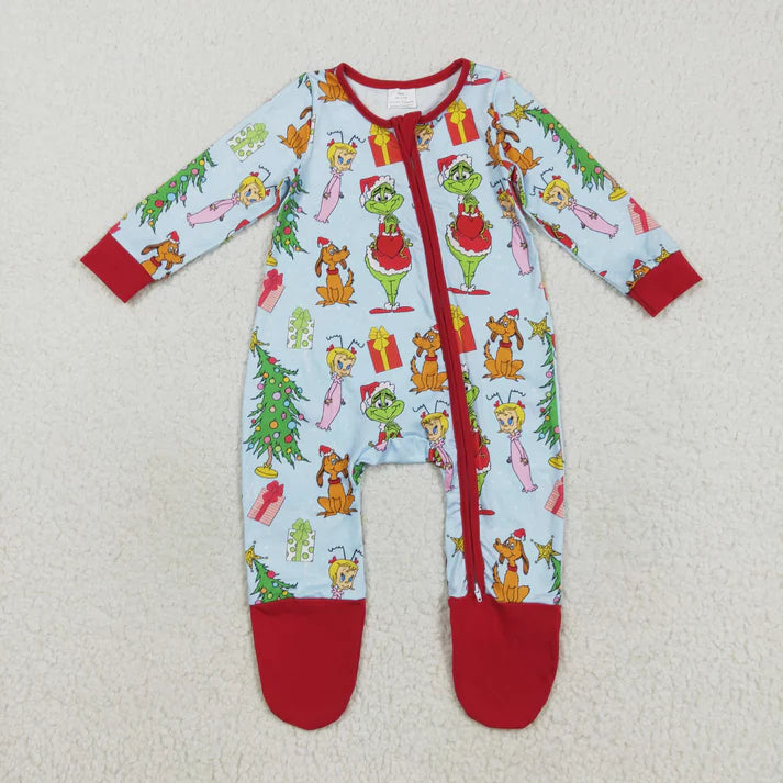 9.23 RTS Sibling Baby Kids Long Sleeves Green Face Miss Christmas Pajamas Sets Zipper Footed Rompers