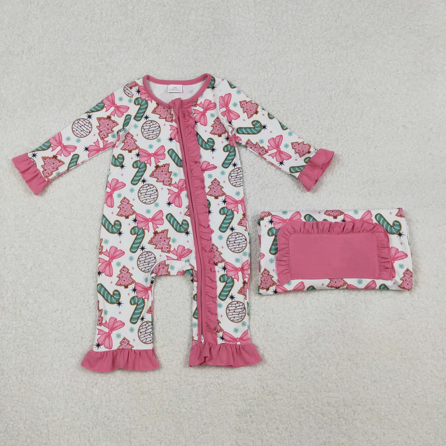 10.18 RTS NO MOQ (In stock)LR2486 Baby Girls Winter Rompers Baby Girls Candy Cane Trees Christmas Ruffle Zipper Footie Rompers