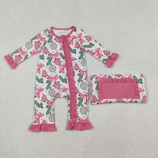 10.18 RTS NO MOQ (In stock)LR2486 Baby Girls Winter Rompers Baby Girls Candy Cane Trees Christmas Ruffle Zipper Footie Rompers