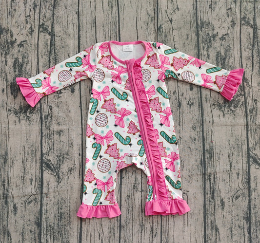 9.24 LR2486 Sample No Moq Baby Girls Christmas Tree Pink Bows Zipper Footie Rompers