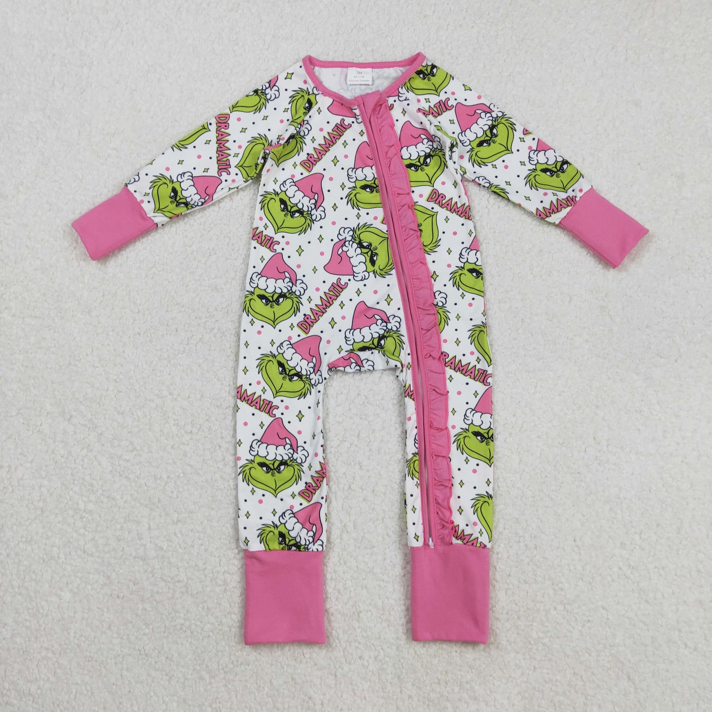 RTS NO MOQ (In stock)LR2495 Baby Girls Winter Rompers Baby Girls Green Faces Stars Plaid Ruffle Zipper Christmas Rompers