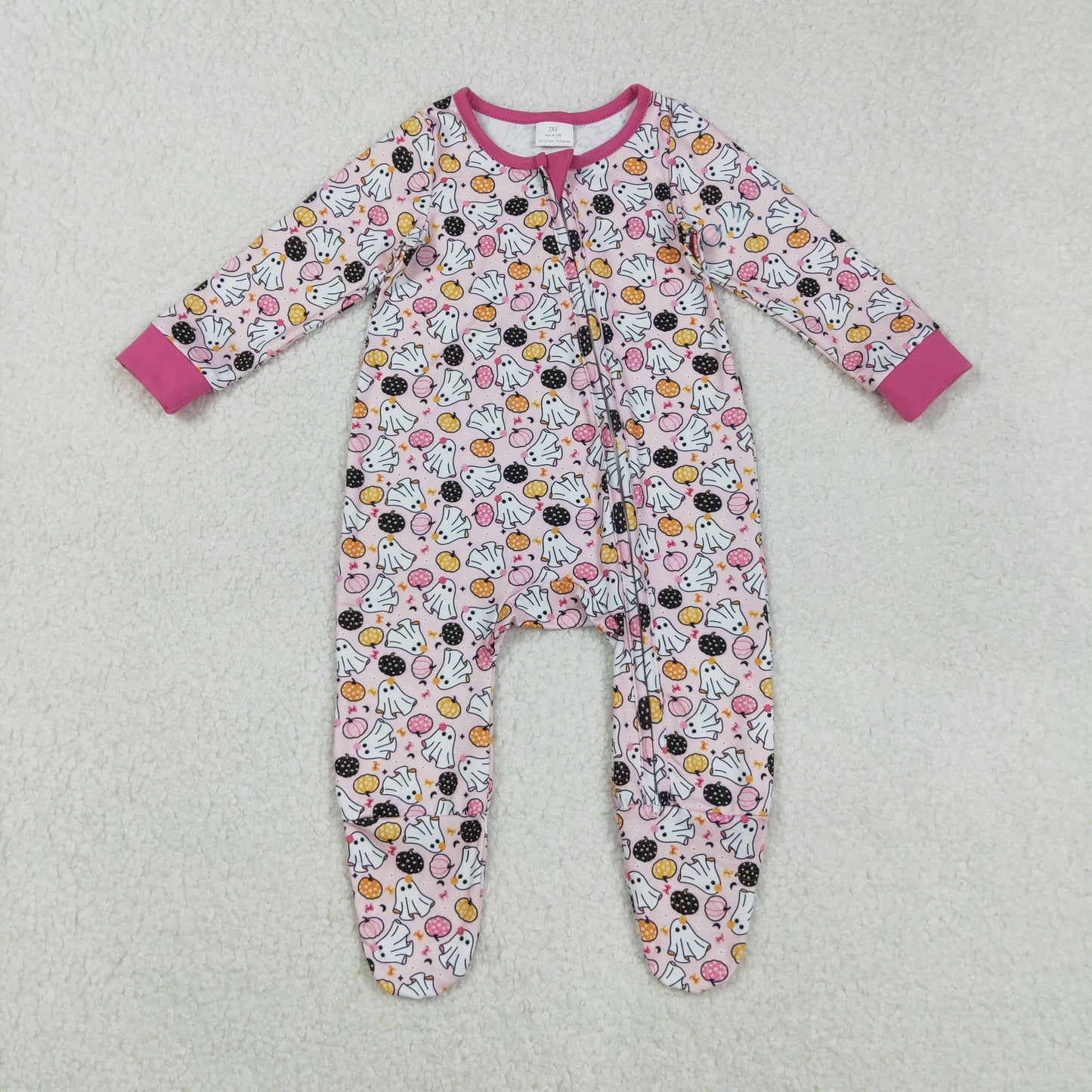 RTS NO MOQ (In stock)LR2506 Baby Girls Winter Rompers Halloween Footed Rompers Ghosts Pumpkins Design with Zipper for Infant Girls' Halloween Costume Clothing