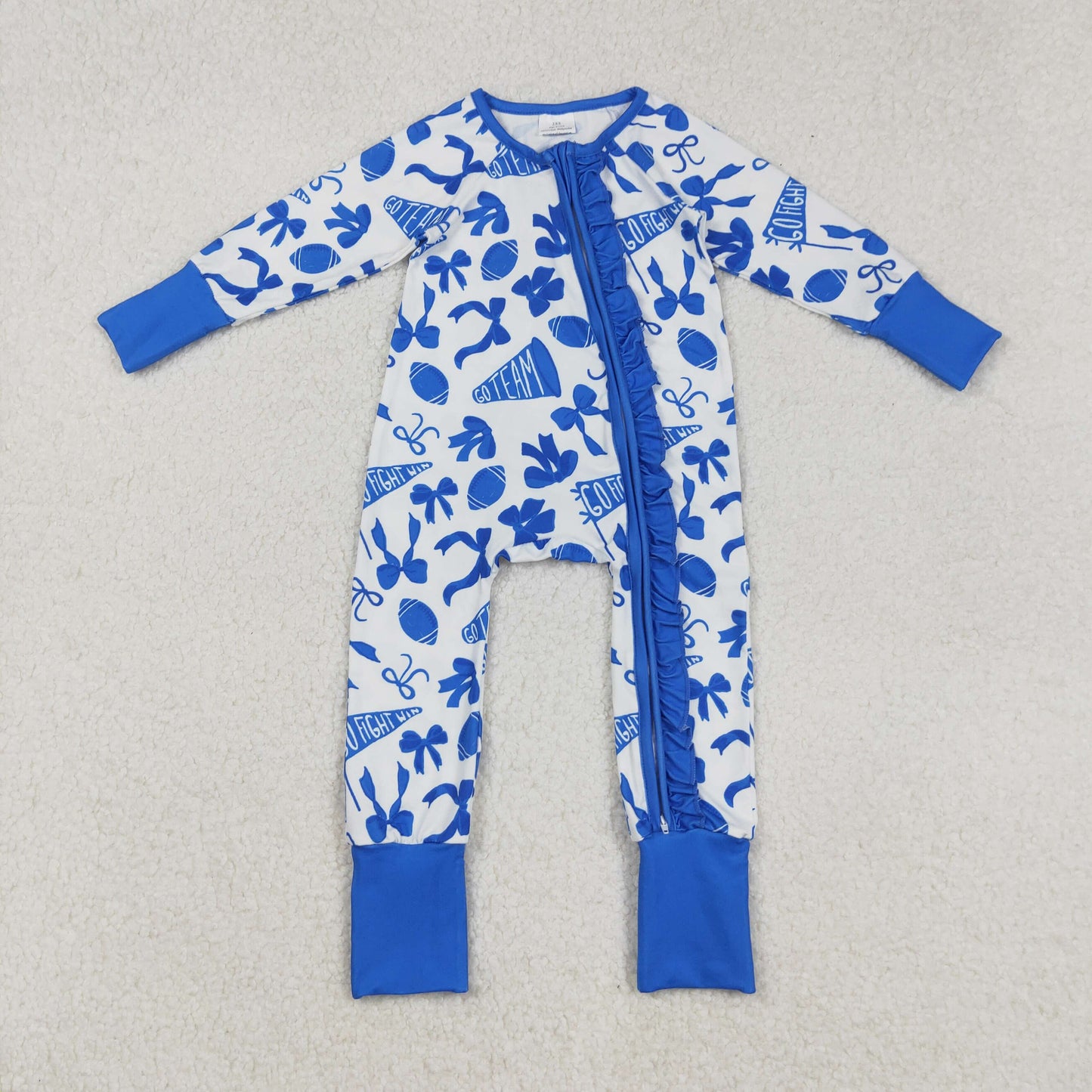 RTS NO MOQ (In stock)LR2511 Baby Girls Winter Rompers Blue Football Bow Ruffle Baby Girls Team Zipper Romper Infant Outfit