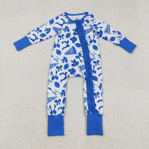10.22 RTS Sibling Baby Girls Blue Bows Footballs Go Team Zipper Romper Dresses