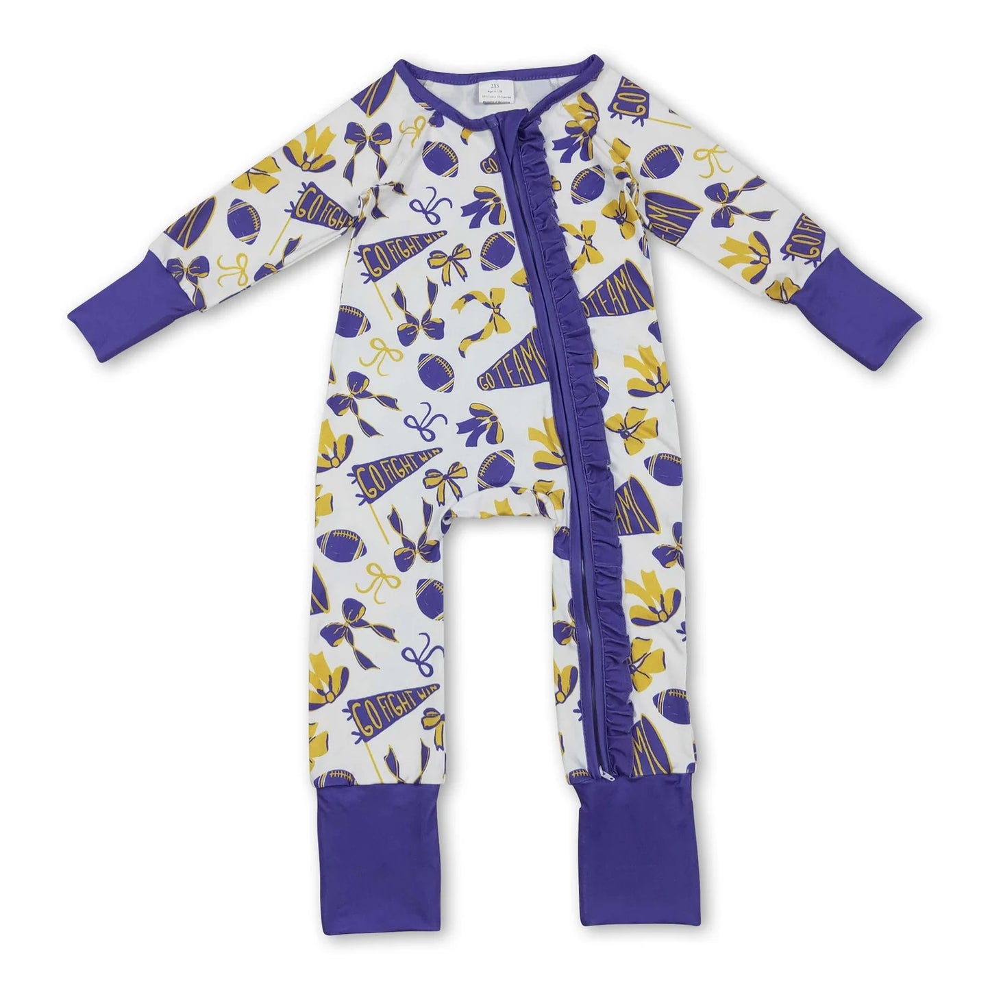 10.10 RST Sibling Baby Girls Purple Bows Footballs Go Team Ruffle Zipper Romper Knee Length Dresses