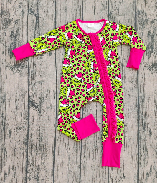 9.23 LR2520 Sample No Moq Fast Coming Baby Girls Christmas Leopard Hats Green Face Zipper Footie Rompers