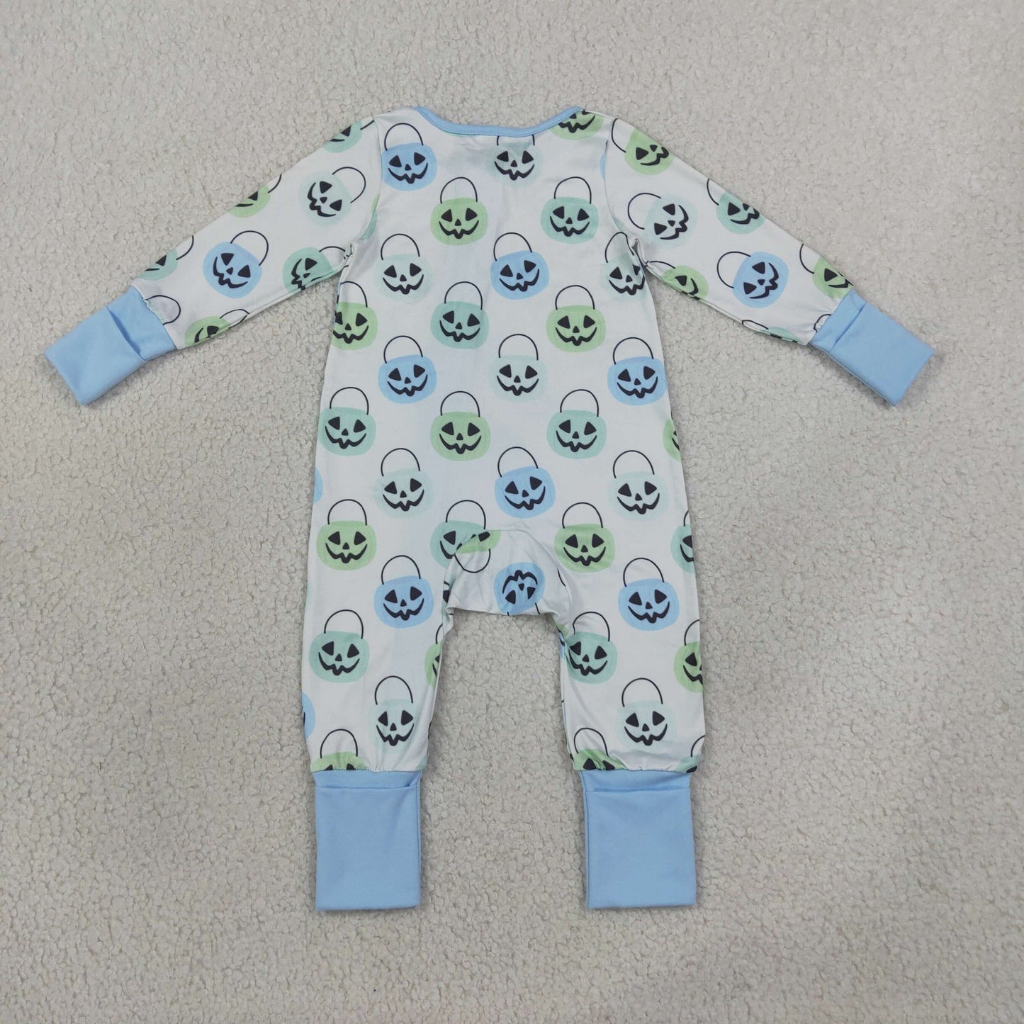 LR2534 RTS NO MOQ (In stock)Light blue pumpkin basket baby boy Halloween zipper romper