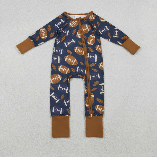 10.21 RTS NO MOQ (In stock)LR2543 Baby Boys Winter Rompers Baby Boys Leaves Footballs Fall Team Zipper Footie Rompers