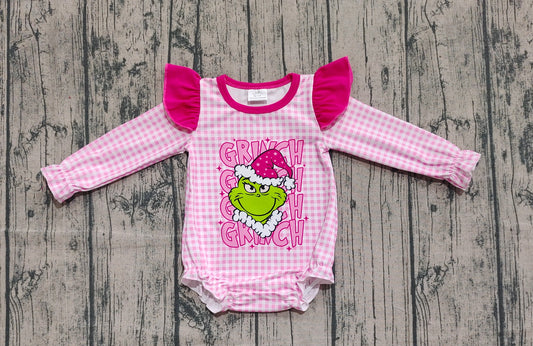 9.19 LR2554 Sample No Moq Fast Coming Baby Girls Green Face Christmas Pink Rompers
