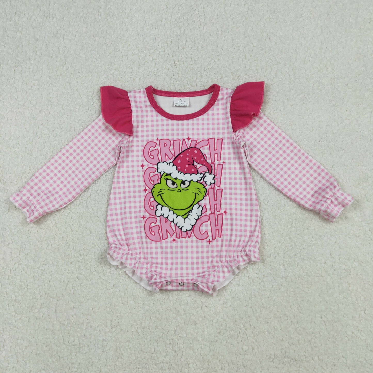 10.1 RTS NO MOQ (In stock)LR2554 Baby Girls Winter Rompers Baby Girls Pink Checked Green Face Christmas Ruffle Sleeve Rompers
