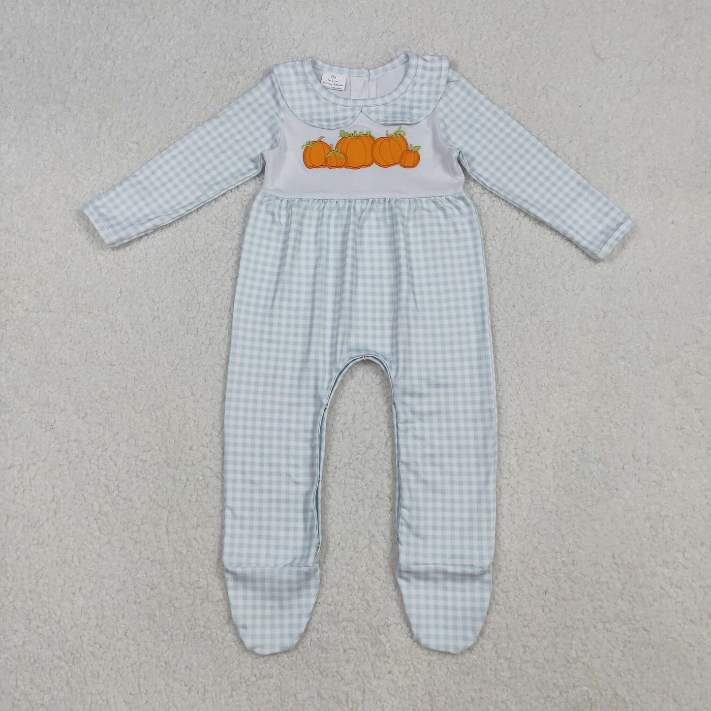 RTS NO MOQ (In stock)LR2560Baby Girls Winter Rompers Embroidery Pumpkins Blue Plaid Fall Footed Rompers