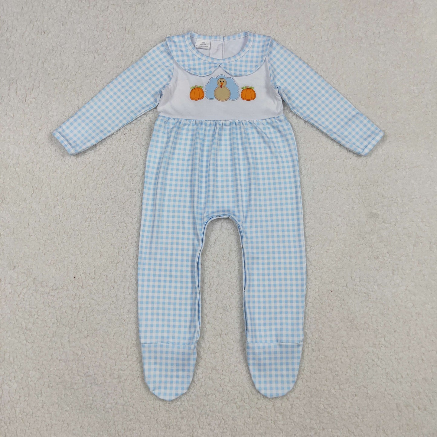 RTS NO MOQ (In stock)LR2561 Baby Boys Winter Rompers Embroidery Pumpkins Turkey Baby Infant Thanksgiving Fall Footed Rompers
