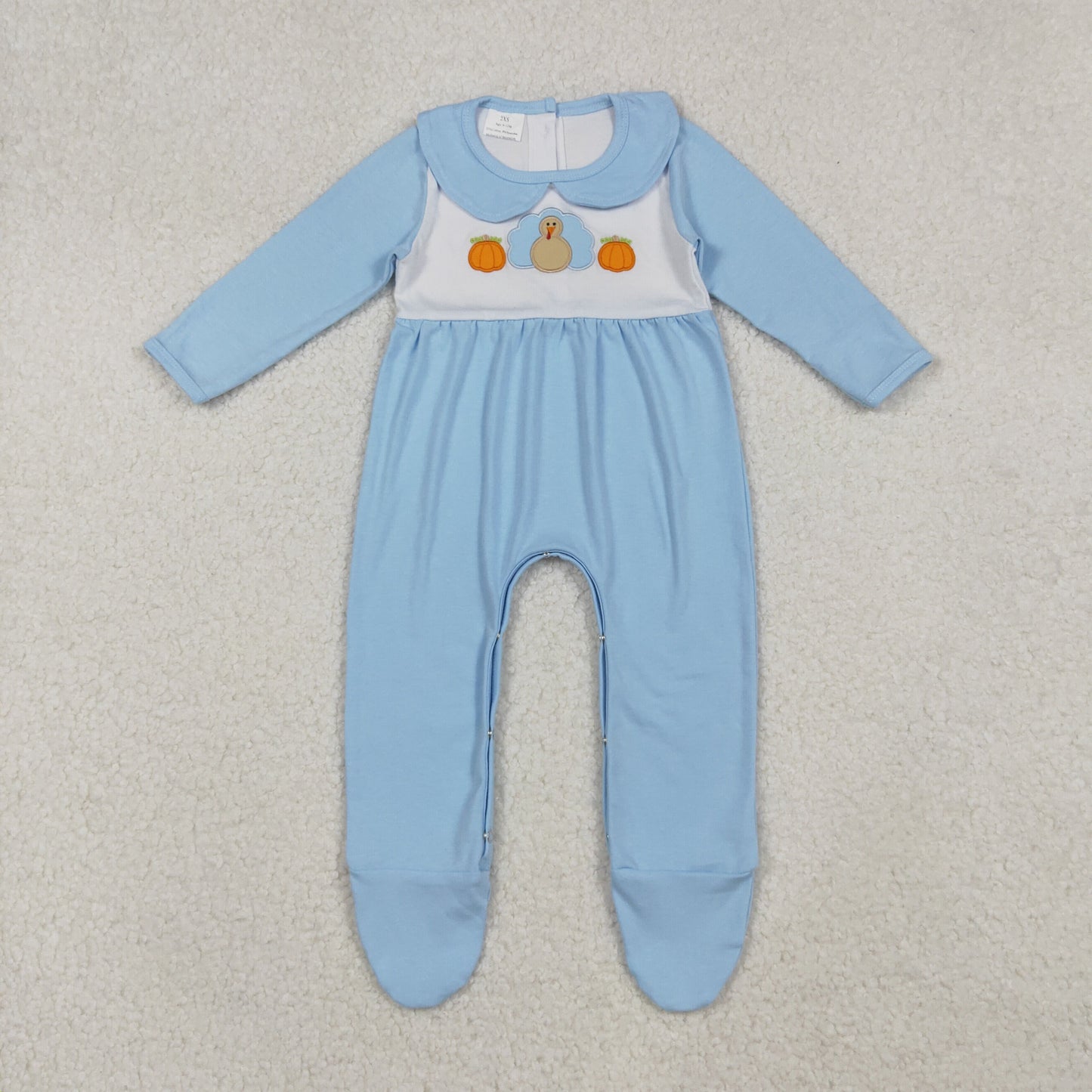 10.10 RTS NO MOQ (In stock)LR2562 Baby Boys Winter Rompers Embroidery Pumpkins Turkey Baby Boys Blue Thanksgiving Footed Rompers