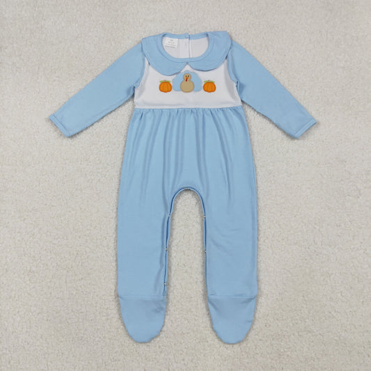 10.10 RTS NO MOQ (In stock)LR2562 Baby Boys Winter Rompers Embroidery Pumpkins Turkey Baby Boys Blue Thanksgiving Footed Rompers