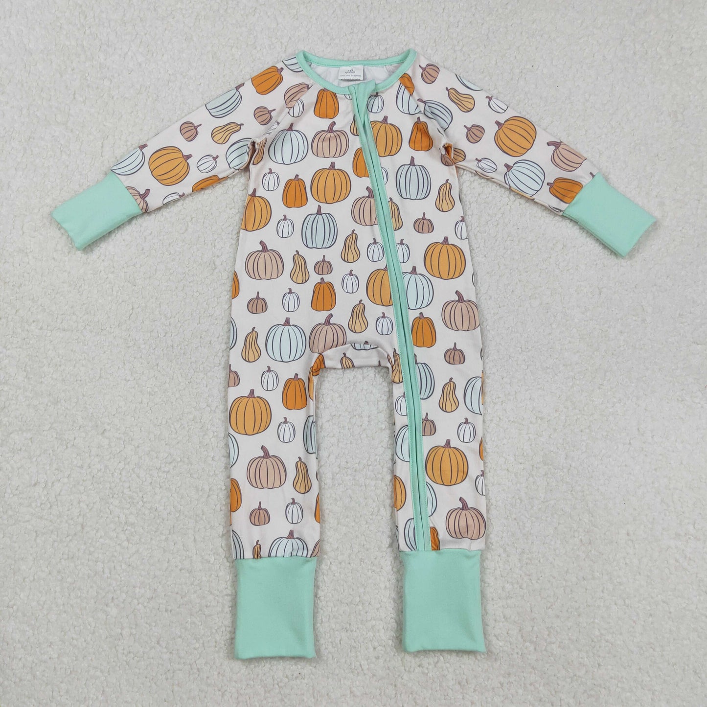 RTS NO MOQ (In stock)LR2565 Baby Boys Winter Rompers Green Pumpkins Fall Zipper Footie Rompers for Infants